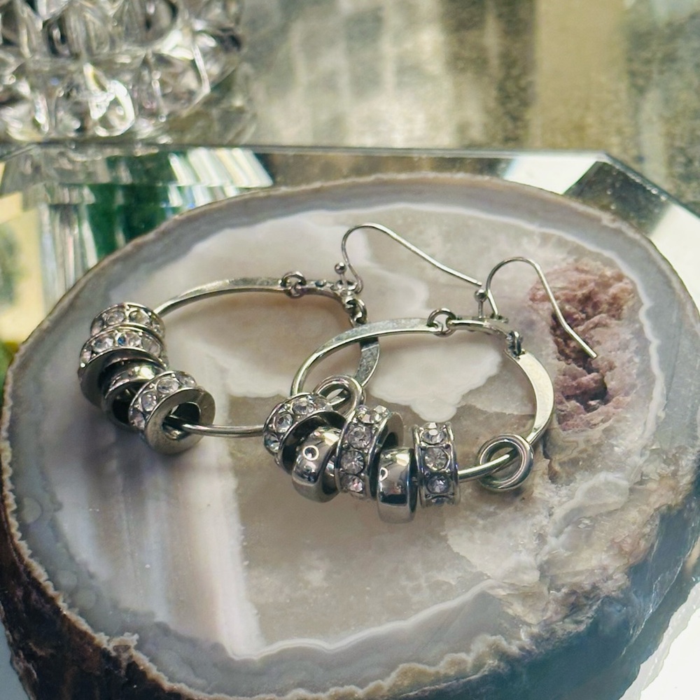 Contemporary Design Silver-tone Hoop Earrings with Crystal Accents - Picture 8 of 8